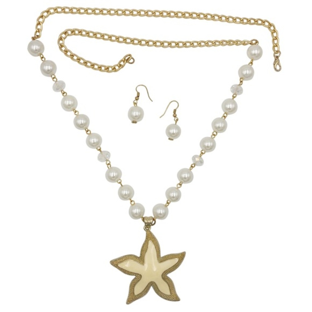 Starfish Pearl Gold Tone Long Necklace Earrings Set